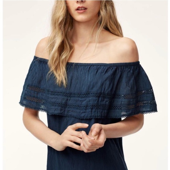 Aritzia Wilfred Emmie Mini Dress Lace Off the Shoulders Eyelet Blue size XXS - Picture 7 of 16
